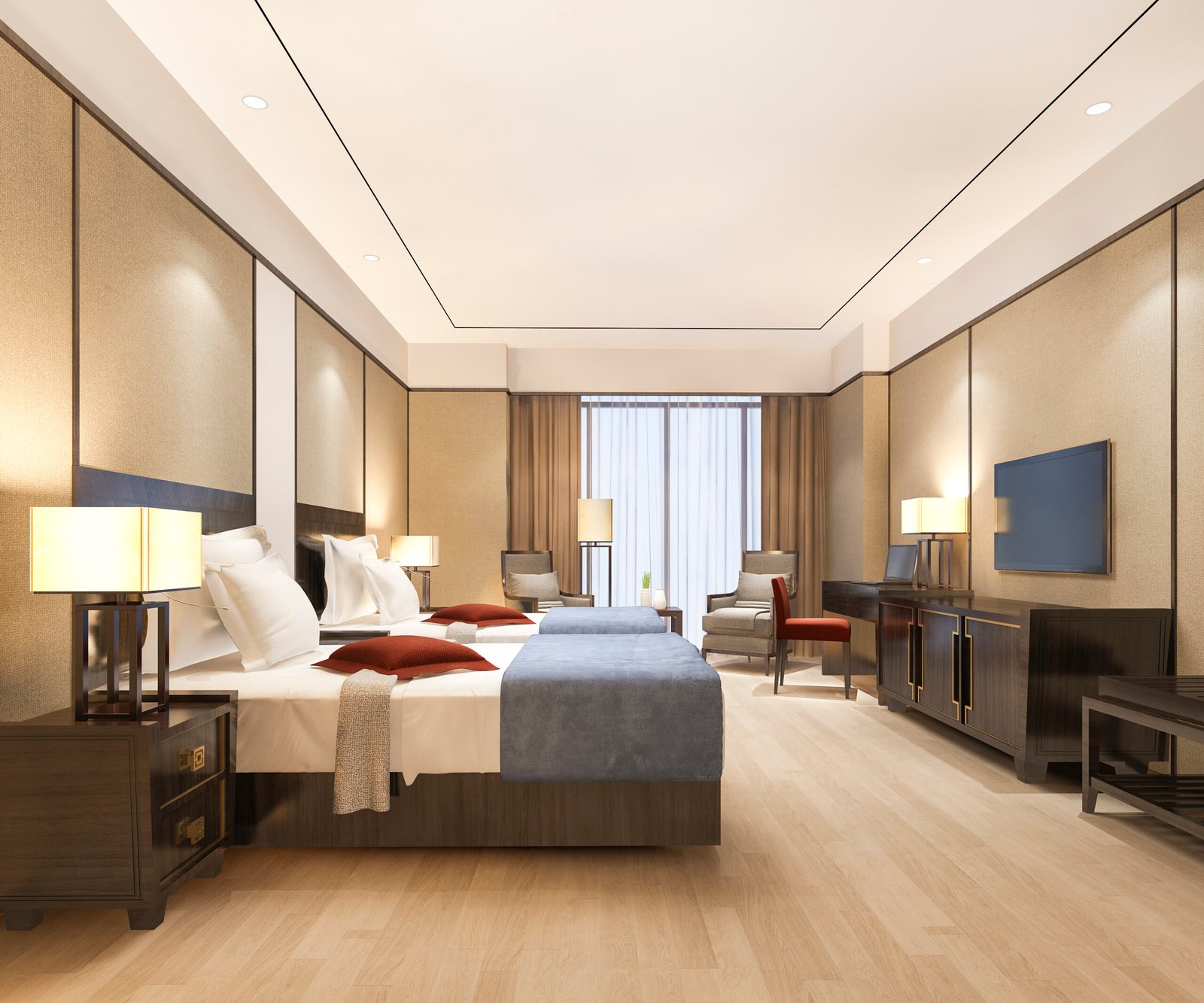3d rendering luxury bedroom suite in resort high rise hotel with twin bed